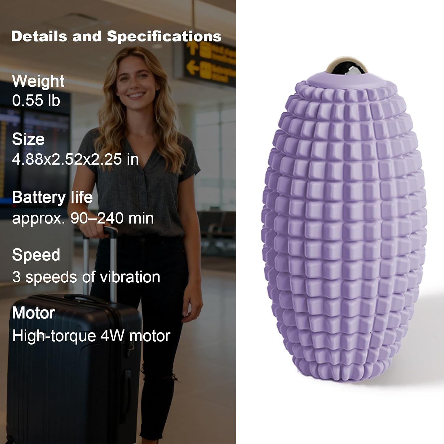 Vibrating Massage Ball with Magnetic Rolling Head, Handheld High-Frequency Vibration Massager, 3 Speed Levels, Rechargeable Silicone Massage Roller for Gym, Office, and Travel Use (Purple)