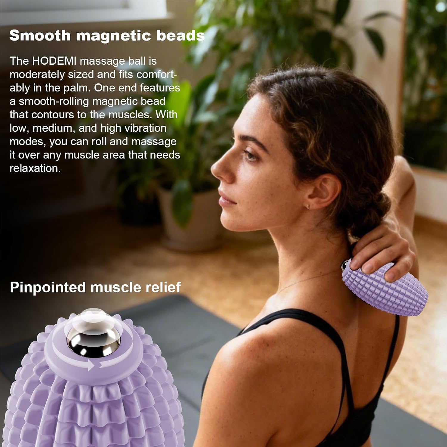 Vibrating Massage Ball with Magnetic Rolling Head, Handheld High-Frequency Vibration Massager, 3 Speed Levels, Rechargeable Silicone Massage Roller for Gym, Office, and Travel Use (Purple)