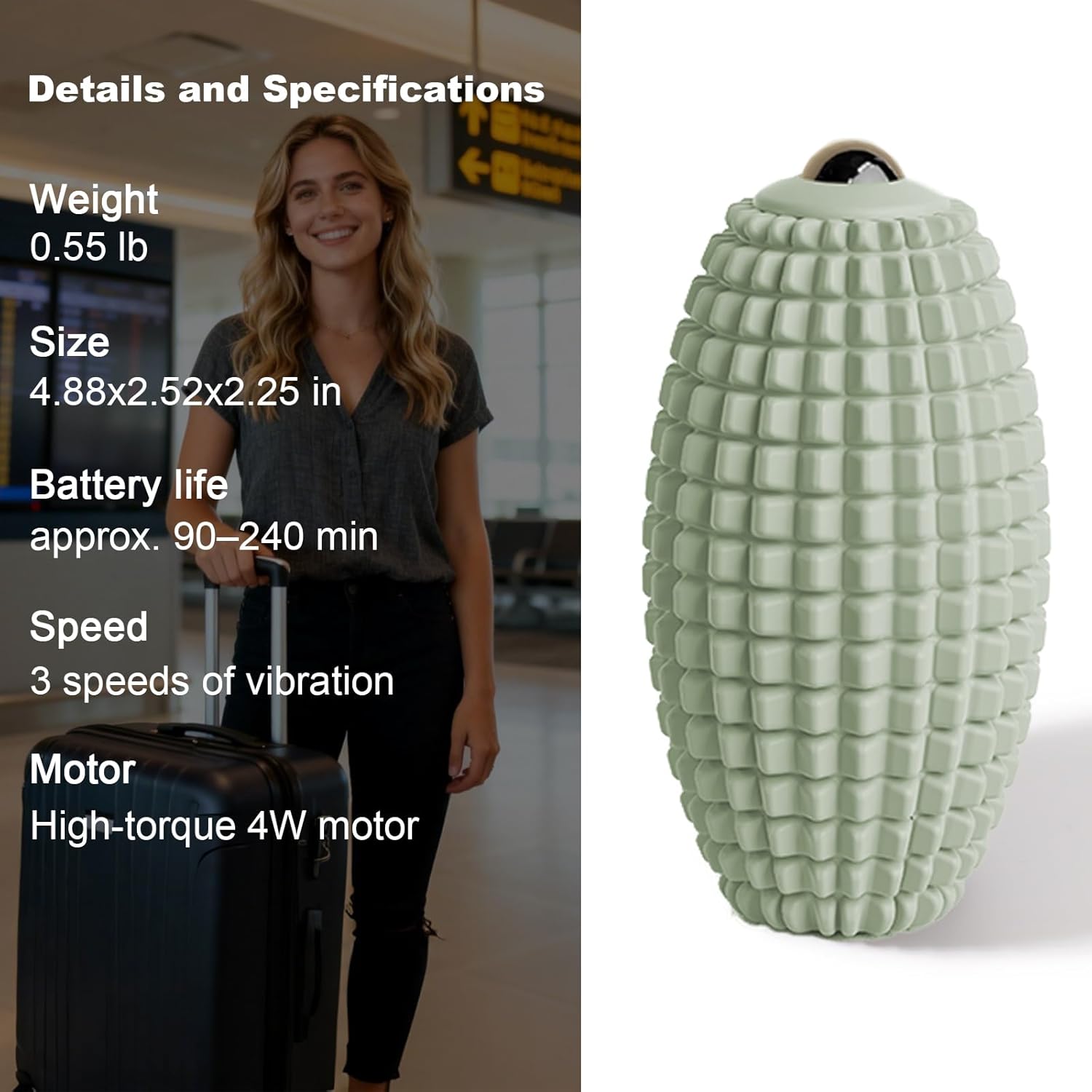 Vibrating Massage Ball with Magnetic Rolling Head, Handheld High-Frequency Vibration Massager, 3 Speed Levels (Green)